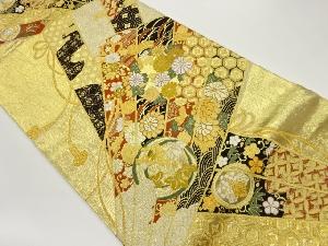 扇に菊・梅・亀甲模様織出し袋帯